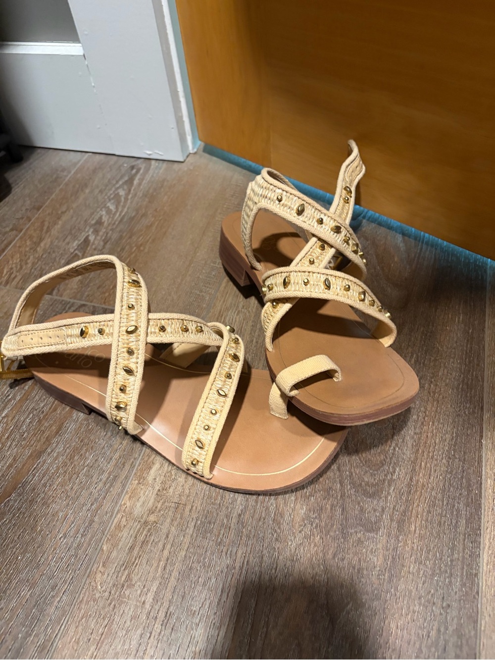 Franco Sarto Beige Strappy Studded Sandals